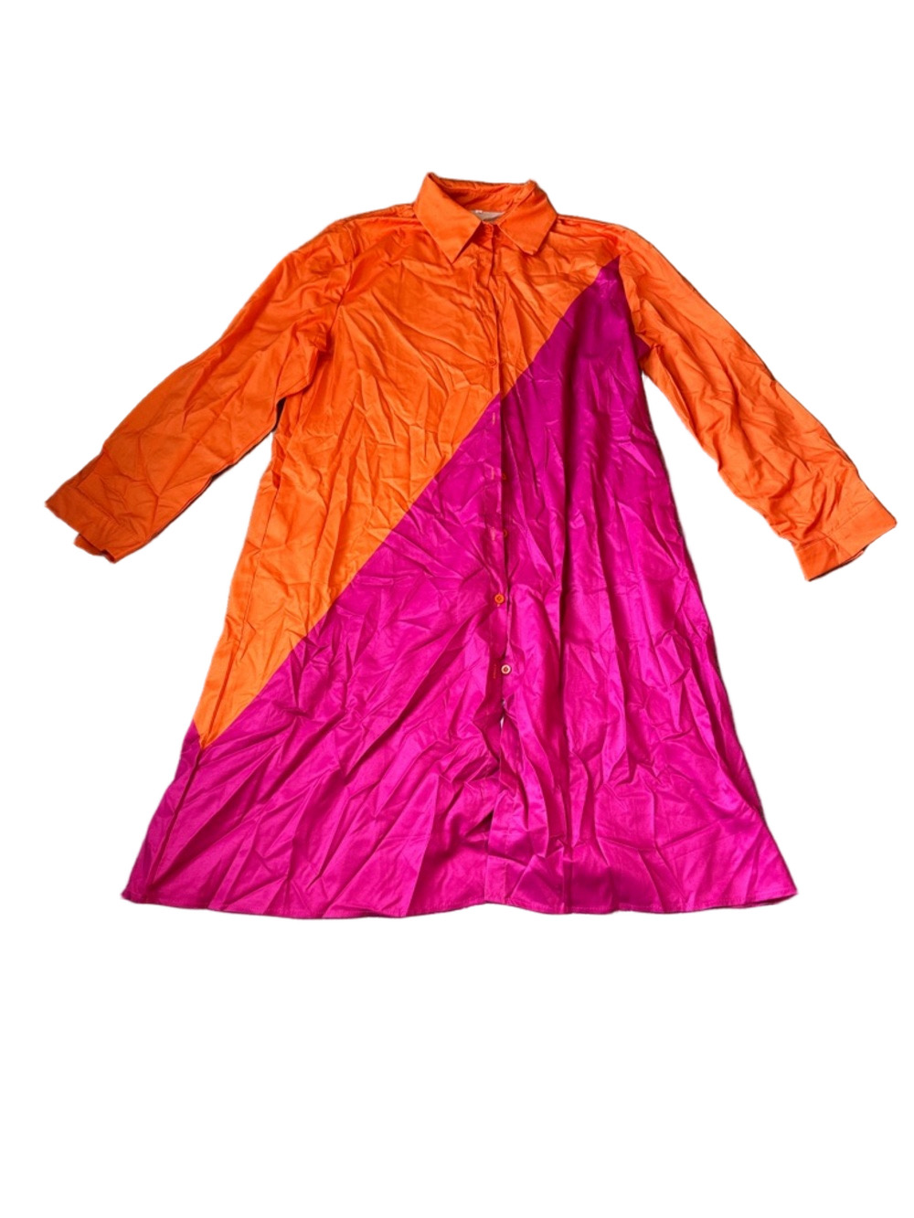 Colorblock Shirt Dress Orange Pink Long Sleeve SIZE L